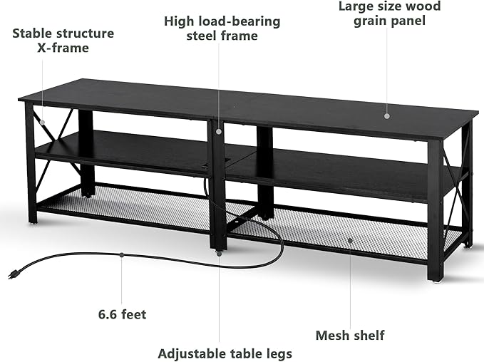 Clikuutory Modern Black 63 inch Metal TV Stand with LED Lights and Power Outlets for 40 50 55 60 65 70 Inch TVs, 3 Tier Television Stands with Entertainment Center and Storage for Living Room, Bedroom - LeafyLoom