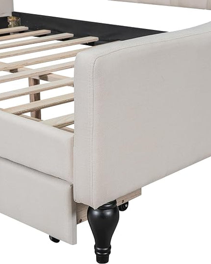 Full Size Upholstered Daybed with 2 Storage Drawers,Linen Sofa Bed W/Button Tufted Back & Nailhead Decorated Waved Shape Arms,Slat Support,Bedframe for Bedroom Livingroom Small Space,Beige - LeafyLoom