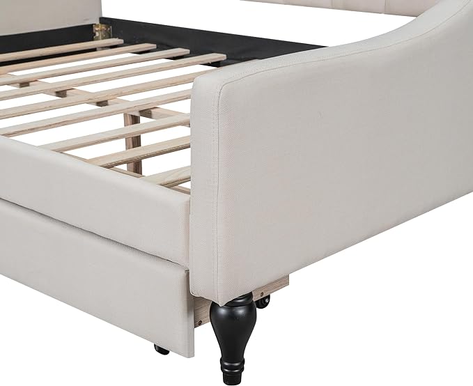 Full Size Upholstered Daybed with 2 Storage Drawers,Linen Sofa Bed W/Button Tufted Back & Nailhead Decorated Waved Shape Arms,Slat Support,Bedframe for Bedroom Livingroom Small Space,Beige - LeafyLoom