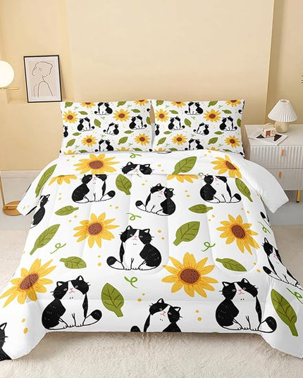 Kawaii Cat Comforter Full Size,Sunflower Cat Comforter Set for Kids Teens Girls Boys,3Pcs Bedding Set Printed Comforter with 2 Pillowcases,Down Alternative,Soft and Lightweight，Full Size - LeafyLoom