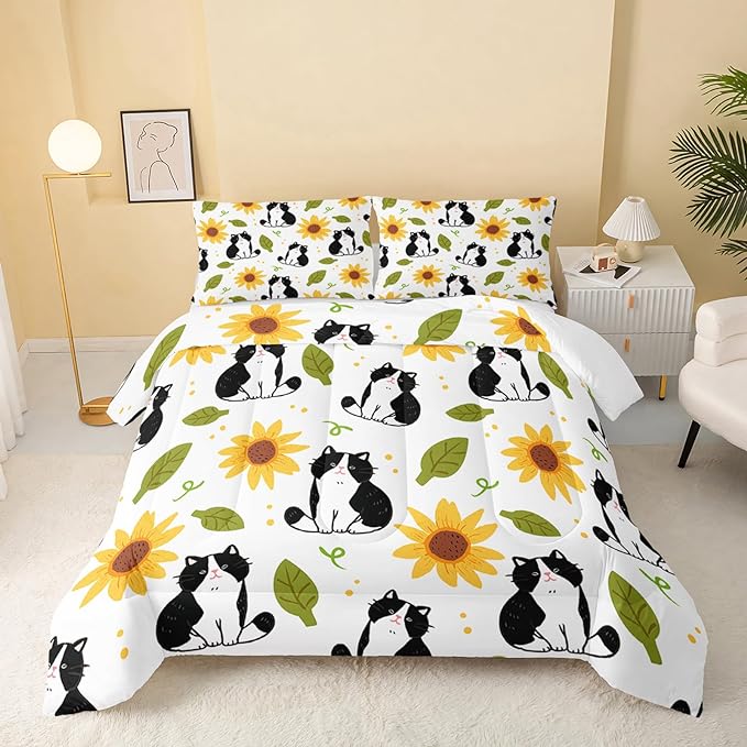 Kawaii Cat Comforter Queen Size,Sunflower Cat Comforter Set for Kids Teens Girls Boys,3Pcs Bedding Set Printed Comforter with 2 Pillowcases,Down Alternative,Soft and Lightweight，Queen Size - LeafyLoom