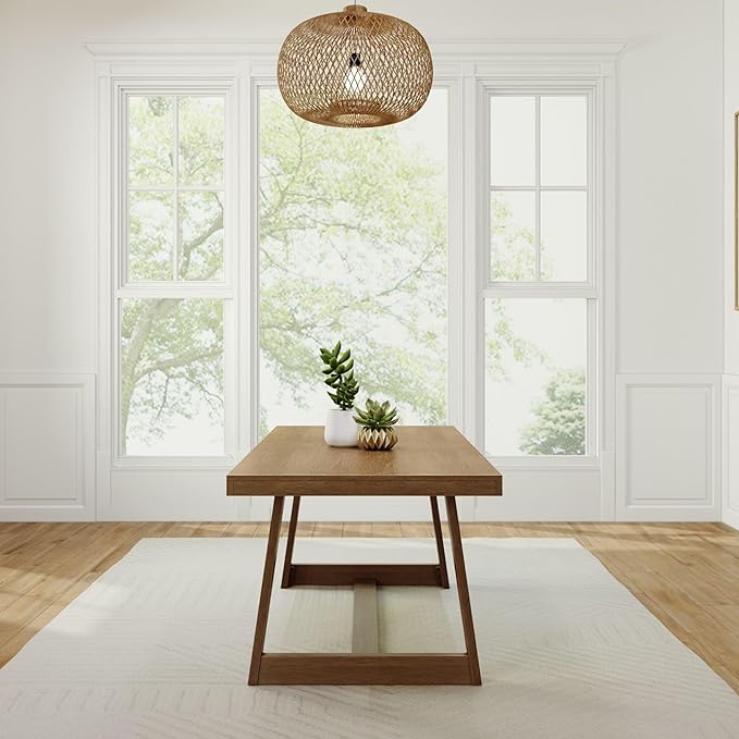 Plank+Beam 72 Inch Farmhouse Dining Table, Solid Wood Rustic Kitchen Table, Large Wooden Rectangular Dinner Table for Dining Room, Home Office, Living Room Furniture, Easy Assembly, Pecan Wirebrush - LeafyLoom