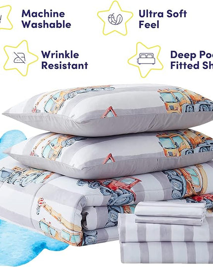 Kids Bedding Set Bed in a Bag for Boys and Girls Toddlers Printed Sheet Set and Comforter , Full, Trucks - LeafyLoom