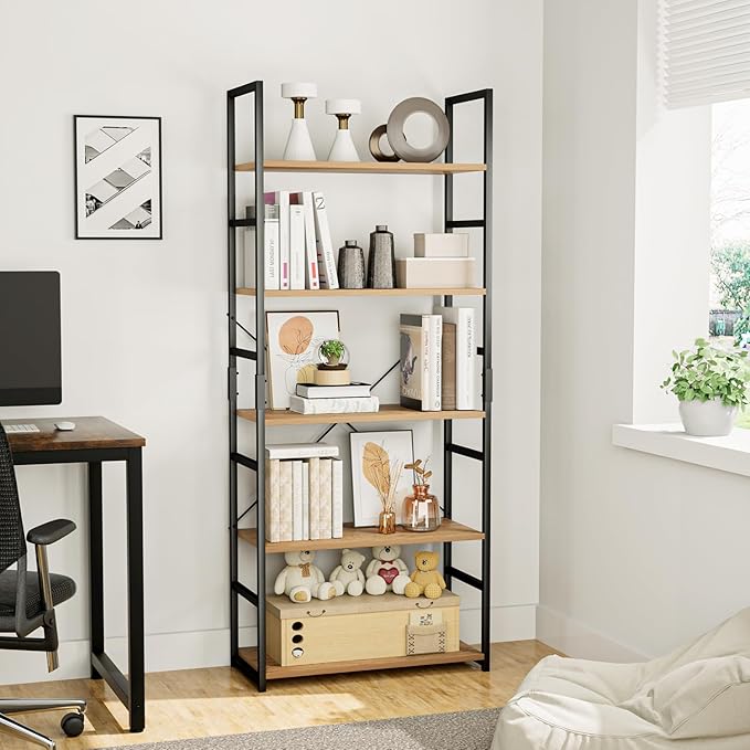 OTK 5 Tier Bookshelf, Tall Bookcase, Office Shelf Storage Organizer, Modern Book Shelf for Living Room, Bedroom, and Home Office, Natural - LeafyLoom
