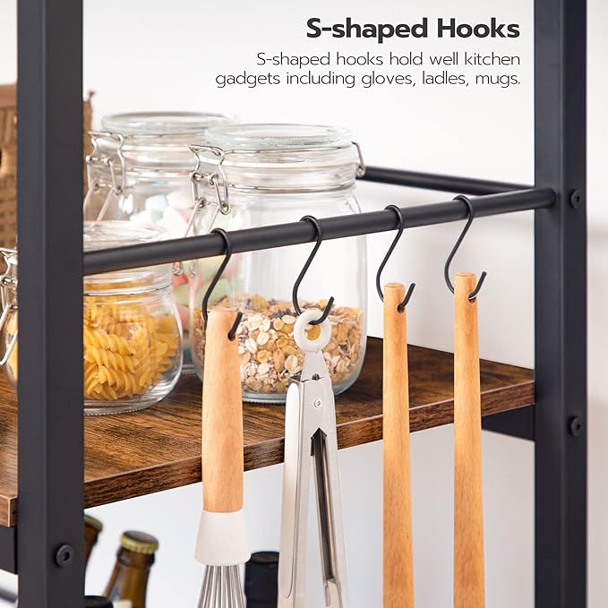 Kitchen Island with Storage,Industrial Kitchen Counter with Hooks and Side Enclosures, 3 Tier Kitchen Cart with Large Workstation, Saving Space, Easy Assembly, Rustic Brown and Black BF03ZD01 - LeafyLoom