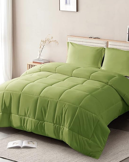 Queen Comforter Set 3 Pieces - Goose Down Alternative with 2 Pillow Shams - Extra Thick - Soft and Comfortable - Machine Washable (Queen,Green) - LeafyLoom