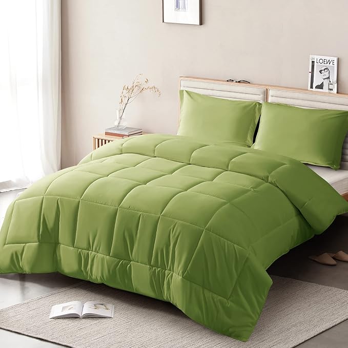 Queen Comforter Set 3 Pieces - Goose Down Alternative with 2 Pillow Shams - Extra Thick - Soft and Comfortable - Machine Washable (Queen,Green) - LeafyLoom