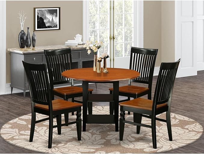 East West Furniture SUWE5-BCH-W 5 Piece Set Includes a Round Dining Room Table with Dropleaf & Shelves and 4 Kitchen Chairs, 42x42 Inch, Black & Cherry - LeafyLoom