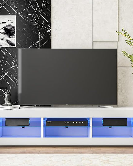 HOMMPA LED TV Stand with LED Lights for 65 inch TV Modern Entertainment Center with Storage 57" White TV Console with Glass Shelves for Living Room 15" Tall - LeafyLoom