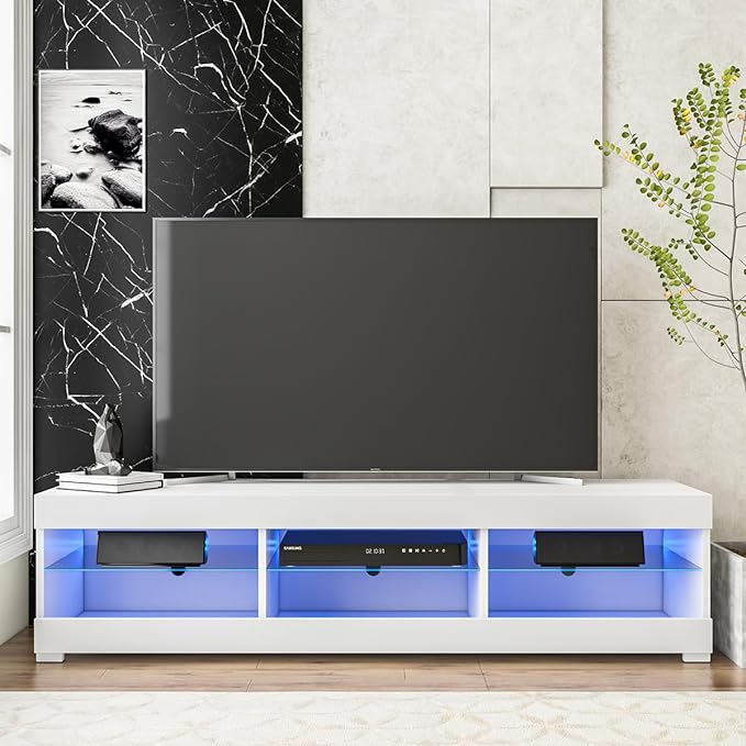 HOMMPA LED TV Stand with LED Lights for 65 inch TV Modern Entertainment Center with Storage 57" White TV Console with Glass Shelves for Living Room 15" Tall - LeafyLoom