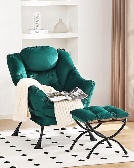 Lazy Chair and Ottoman, Large Accent Lounge Chair with Armrests and a Side Pocket, Modern Leisure Upholstered Sofa Reading Armchair with Footrest for Bedroom, Living Room, Dorm Rooms, Office - LeafyLoom