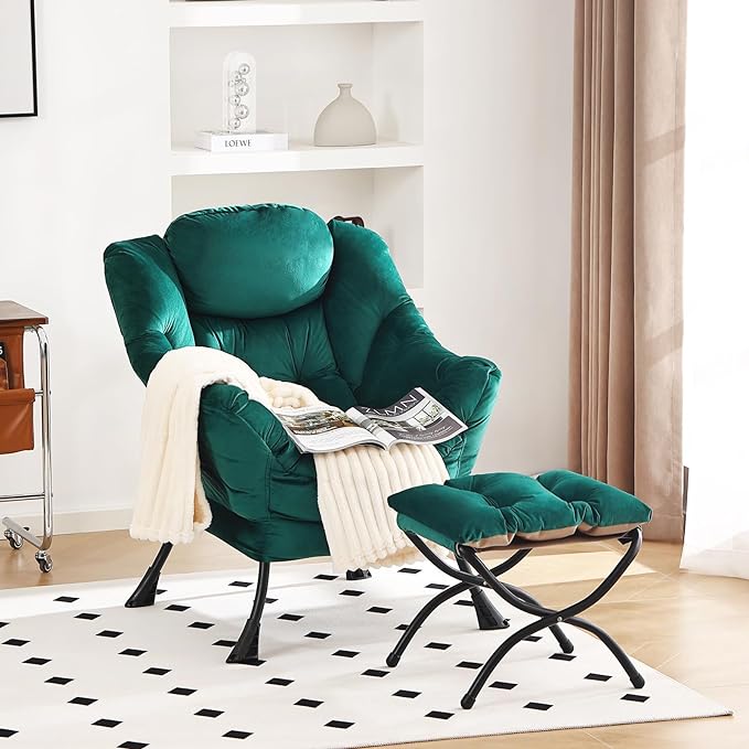 Lazy Chair and Ottoman, Large Accent Lounge Chair with Armrests and a Side Pocket, Modern Leisure Upholstered Sofa Reading Armchair with Footrest for Bedroom, Living Room, Dorm Rooms, Office - LeafyLoom