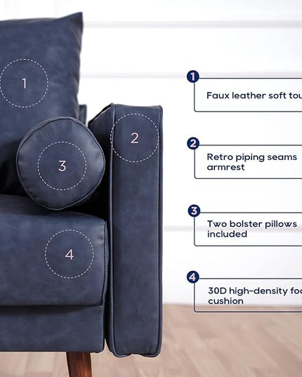 Vonanda Faux Leather Sofa Couch, Mid-Century 73 Inch 3 Seater Leather Couch with Wood Grain Metal Legs and Bolster Pillows for Living Room,Elegant Twilight Blue - LeafyLoom