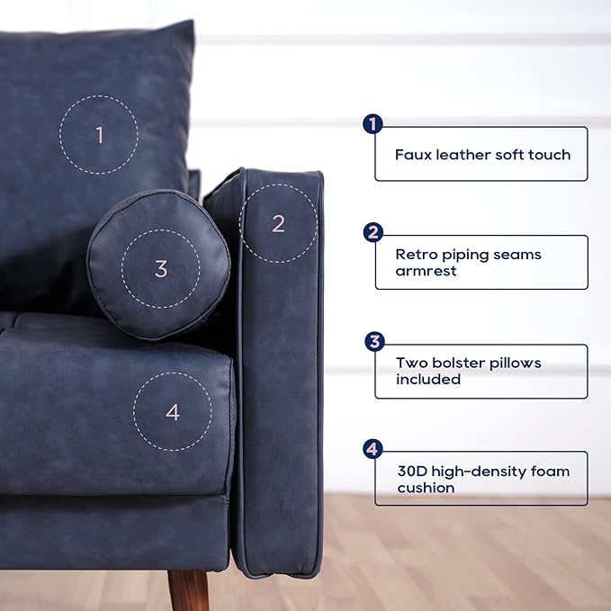 Vonanda Faux Leather Sofa Couch, Mid-Century 73 Inch 3 Seater Leather Couch with Wood Grain Metal Legs and Bolster Pillows for Living Room,Elegant Twilight Blue - LeafyLoom