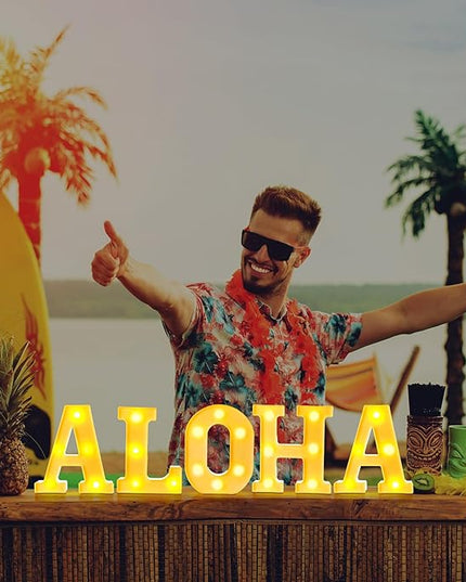 5 Pcs Summer Decorations Aloha Light Up Sign Aloha LED Marquee Letter for Party Decorations Battery Powered Hawaiian Alphabet Letter Summer Aloha LED Lights for Wedding Night Birthday Party - LeafyLoom