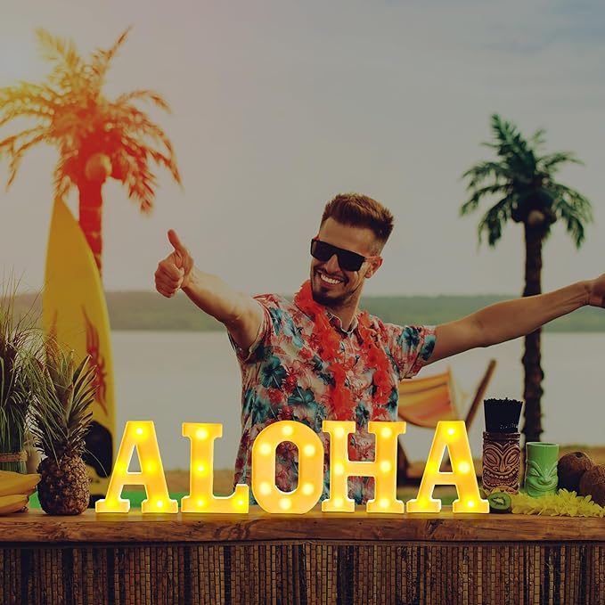5 Pcs Summer Decorations Aloha Light Up Sign Aloha LED Marquee Letter for Party Decorations Battery Powered Hawaiian Alphabet Letter Summer Aloha LED Lights for Wedding Night Birthday Party - LeafyLoom