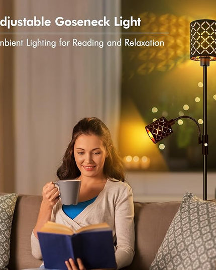 Industrial Floor Lamps for Living Room, Modern Torchiere Standing Lamp with Reading Light for Bedroom, Farmhouse Floor Lamp with Decorative Lampshade, Metal Tall Stand up Lamp, Vintage Pole Lamp Black - LeafyLoom