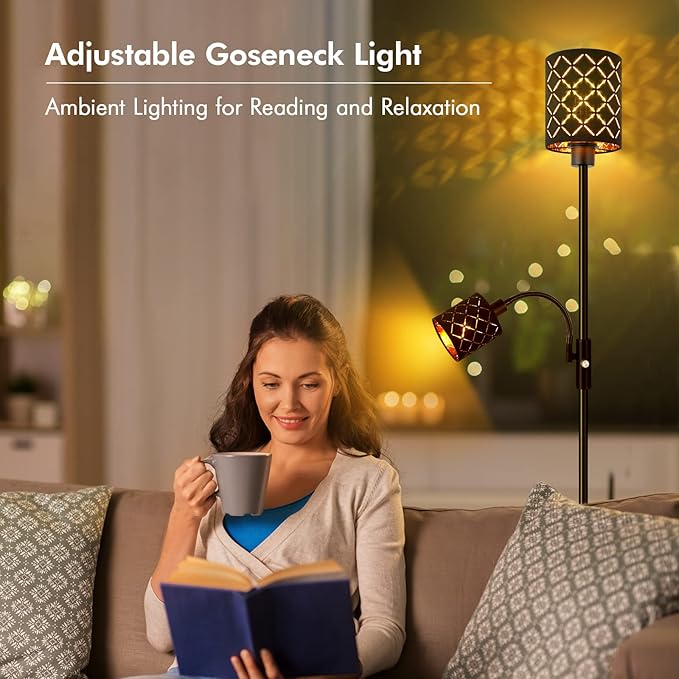 Industrial Floor Lamps for Living Room, Modern Torchiere Standing Lamp with Reading Light for Bedroom, Farmhouse Floor Lamp with Decorative Lampshade, Metal Tall Stand up Lamp, Vintage Pole Lamp Black - LeafyLoom