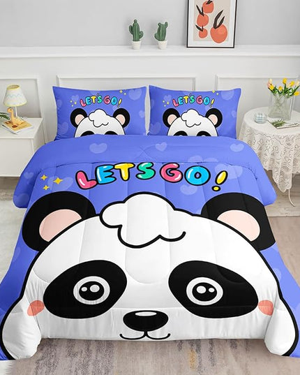 Datura home Panda Comforter Bedding Set for Boys Girls Kids Teens,Cartoon Panda Blue Heart Kawaii Animal Theme with 1 Comforter and 2 Pillowcases(Panda Queen) - LeafyLoom