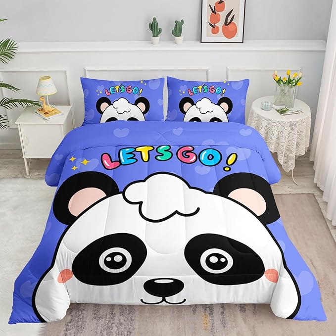 Datura home Panda Comforter Bedding Set for Boys Girls Kids Teens,Cartoon Panda Blue Heart Kawaii Animal Theme with 1 Comforter and 2 Pillowcases(Panda Full) - LeafyLoom
