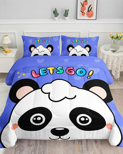 Datura home Panda Comforter Bedding Set for Boys Girls Kids Teens,Cartoon Panda Blue Heart Kawaii Animal Theme with 1 Comforter and 2 Pillowcases(Panda Twin) - LeafyLoom