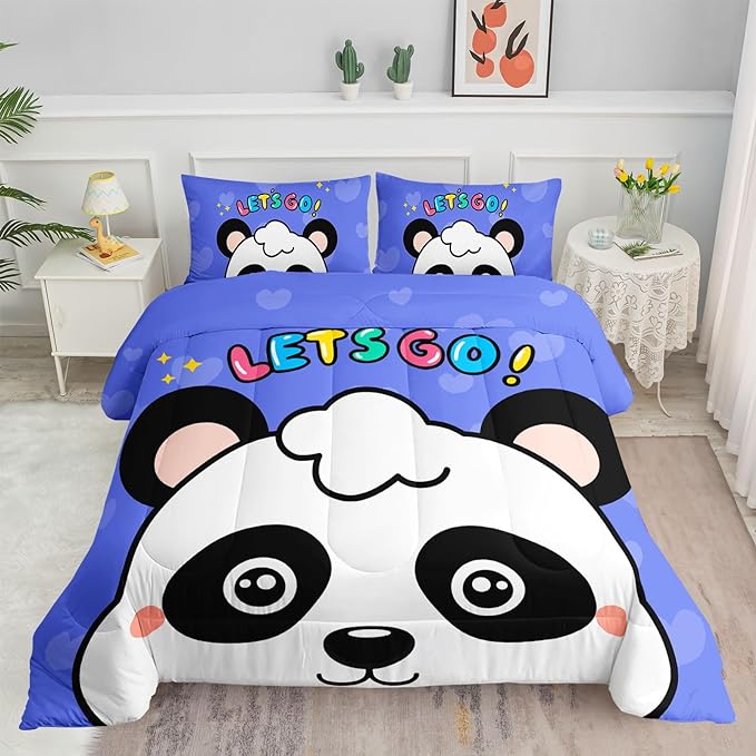Datura home Panda Comforter Bedding Set for Boys Girls Kids Teens,Cartoon Panda Blue Heart Kawaii Animal Theme with 1 Comforter and 2 Pillowcases(Panda Twin) - LeafyLoom