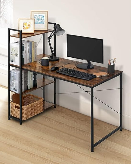 MoNiBloom Computer Desk with 4 Tier Storage Shelves, 47 Inches Home Office Study Writing Desks with Display Bookshelf, Rustic Brown - LeafyLoom