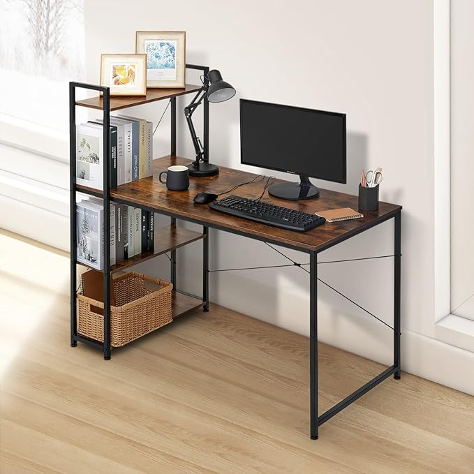 MoNiBloom Computer Desk with 4 Tier Storage Shelves, 47 Inches Home Office Study Writing Desks with Display Bookshelf, Rustic Brown - LeafyLoom