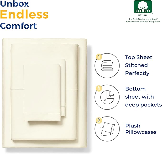 THREAD SPREAD Luxury Egyptian Cotton Sheets King Size - 600 Thread Count Sheets King 4 PC Luxury Sheets King Size, 16" Deep Pocket, Soft, Cooling Sateen Weave Hotel Luxury Bed Sheets Set - Ivory - LeafyLoom