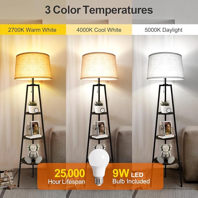 OUTON Tripod Floor Lamp with Shelves, Modern Shelf Floor Lamp with 3 Color Temperature, LED Dimmable Tall Standing Corner Lamp with Beige Linen Texture Shade for Living Room, Bedroom, Office, Vintage - LeafyLoom