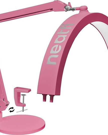 Neatfi Half Moon Swing Arm Table Lamp, 2500 Lumens, CCT Dimming, 5 Light Modes, Professional LED Lighting for Estheticians, Ideal for Nail Art, Facials, and Tattoos (with Base and Clamp, Pink) - LeafyLoom