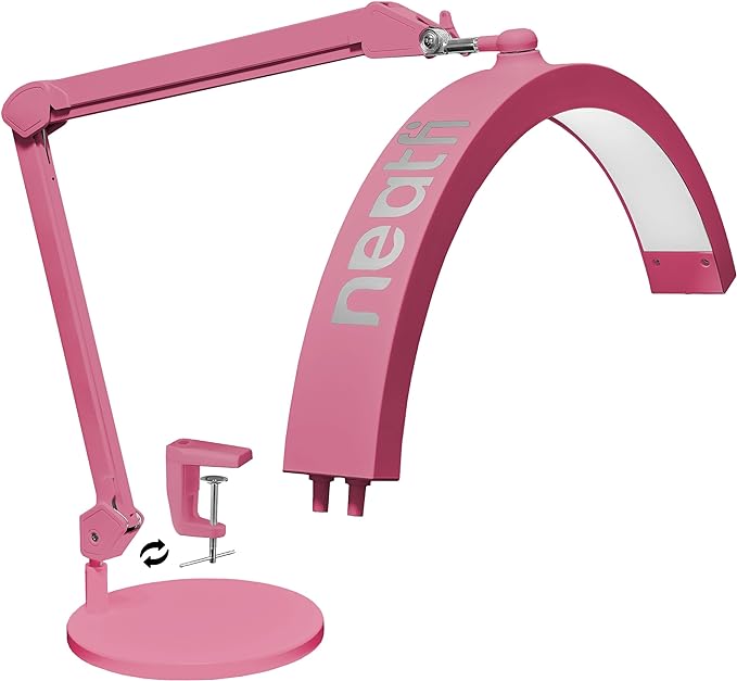Neatfi Half Moon Swing Arm Table Lamp, 2500 Lumens, CCT Dimming, 5 Light Modes, Professional LED Lighting for Estheticians, Ideal for Nail Art, Facials, and Tattoos (with Base and Clamp, Pink) - LeafyLoom