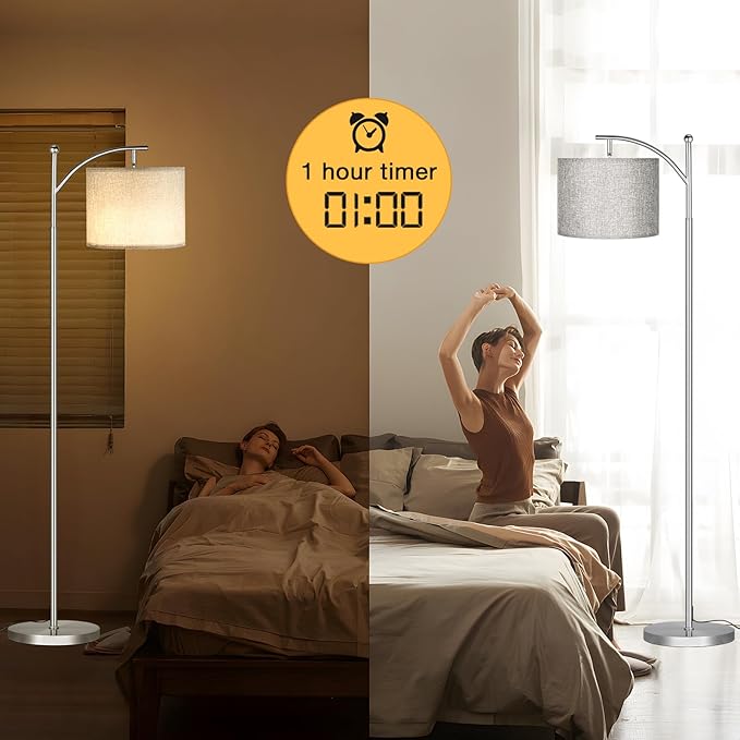 Ambimall Floor Lamp with Remote Control and Stepless Dimmable Bulb, Colors Temperature & Brightness Adjustable, Modern Floor Lamps for Living Room（Grey Shade & Silver Pole） - LeafyLoom