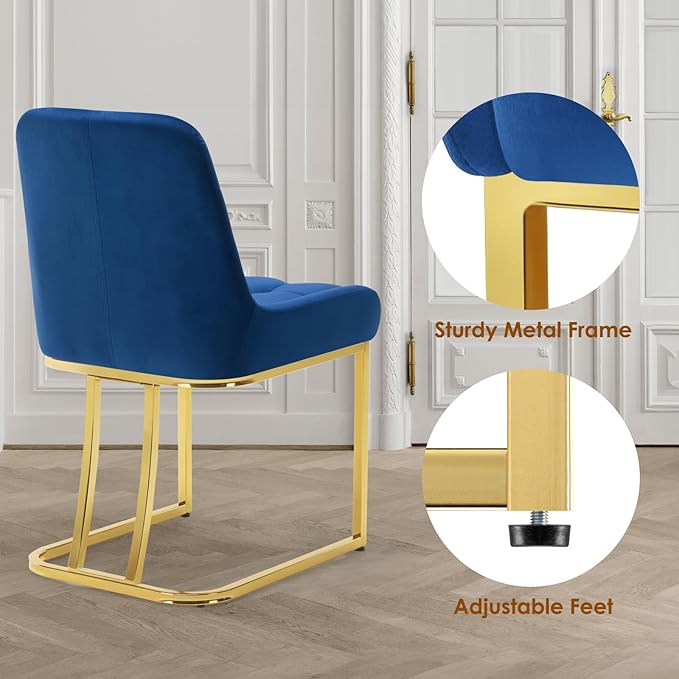 STARY Upholstered Velvet Armless Dining Room Chairs with Gold Metal Legs for Kitchen Restaurant, Blue- Set of 4 - LeafyLoom
