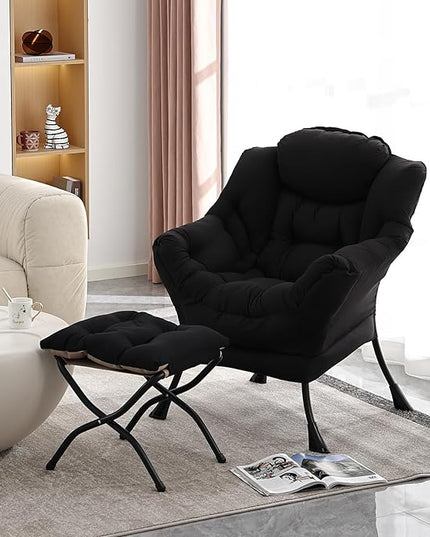 Lazy Chair with Ottoman, Modern Accent Chair Contemporary Lounge Leisure Upholstered Sofa Chair Set with Armrests, Reading Chair for Living Room, Bedroom, Office, Black - LeafyLoom