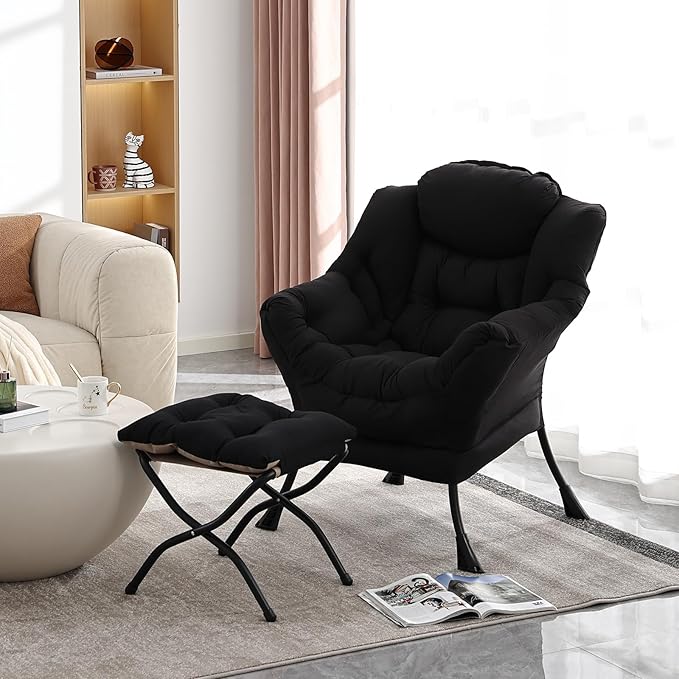 Lazy Chair with Ottoman, Modern Accent Chair Contemporary Lounge Leisure Upholstered Sofa Chair Set with Armrests, Reading Chair for Living Room, Bedroom, Office, Black - LeafyLoom