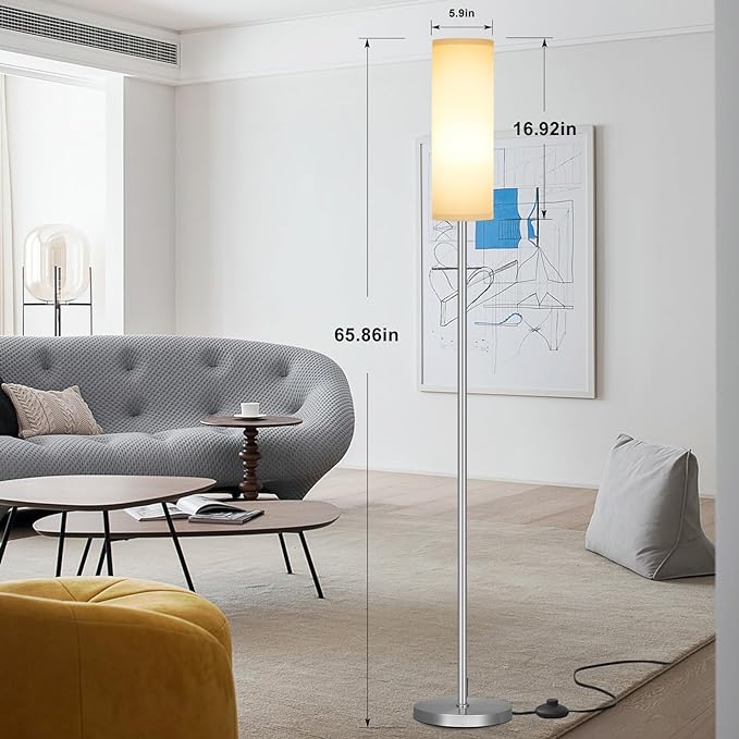 Ambimall Floor Lamp for Living Room - Pole Lamps for Bedrooms, Silver Standing Lamps with Grey Shade, 66'' Tall Lamp for Office, Minimalist Floor Lamp for Home Decor - LeafyLoom