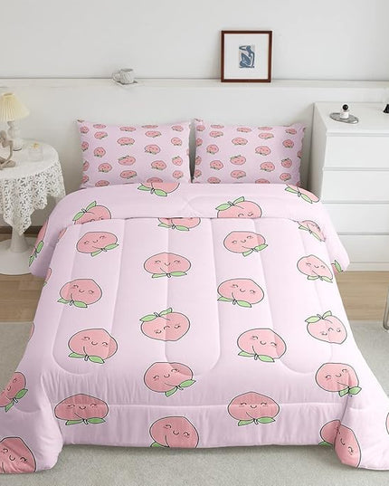 Cartoon Comforter Set King Size Pink Peach Bedding Set Kid Kawaii Down Comforter Girl Lovely Peach Duvet Set Cute Fruits Comforter Tropical Plant Bedding Reversible Soft Lightweight Room Decor - LeafyLoom