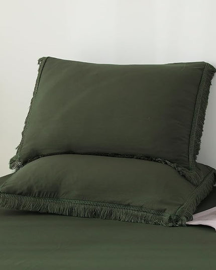 Litanika Queen Size Comforter Set Olive Green, 3 Pieces Dark Green Boho Tassel Bed Comforter, All Season Oversized Bedding Comforter Sets (1 Comforter 90x90 inch, 2 Pillowcases) - LeafyLoom