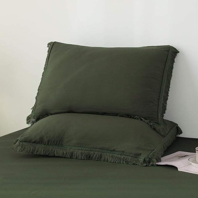 Litanika Queen Size Comforter Set Olive Green, 3 Pieces Dark Green Boho Tassel Bed Comforter, All Season Oversized Bedding Comforter Sets (1 Comforter 90x90 inch, 2 Pillowcases) - LeafyLoom