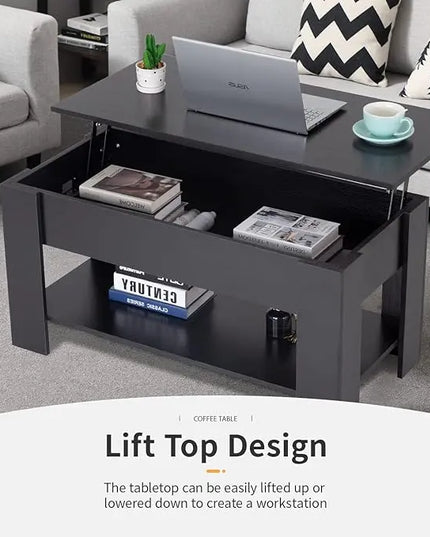 FDW Lift Top Coffee Table with Hidden Compartment and Storage Shelf Wooden Lift Tabletop for Home Living Room Reception Room Office (Black) - LeafyLoom