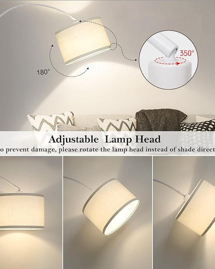 White Arc Floor Lamp, Modern Floor Lamp for Living Room with Adjustable Lamp Head, Tall Pole Standing Lamp with On/Off Pedal Switch, Over Couch Arched Reading Light for Bedroom, Office, Study Room - LeafyLoom
