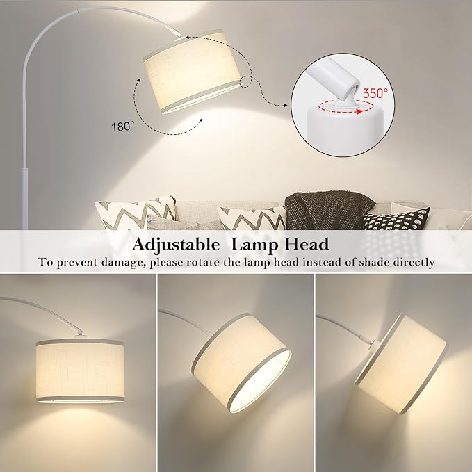 White Arc Floor Lamp, Modern Floor Lamp for Living Room with Adjustable Lamp Head, Tall Pole Standing Lamp with On/Off Pedal Switch, Over Couch Arched Reading Light for Bedroom, Office, Study Room - LeafyLoom