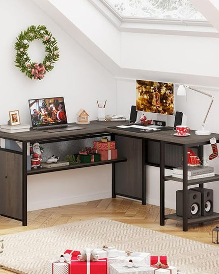 FATORRI L Shaped Computer Desk, Industrial Home Office Desk with Shelves, Reversible Wood and Metal Corner Desk (Walnut Brown, 59 Inch) - LeafyLoom