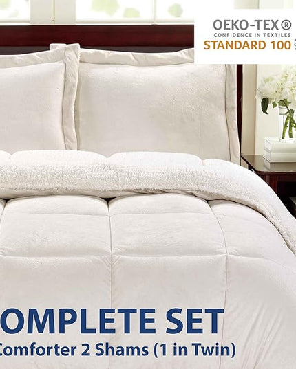 Cathay Home Full Comforter Set: Ultra Soft and Plush Reversible Micromink and Sherpa 3-Piece Bedding Set, Ivory, Full (76" x 86") - LeafyLoom