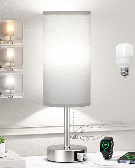 Grey Table Bedside Lamp for Bedroom Nightstand - Small Silver Lamp with USB A + C Charging Port, 3 Color Temperatures Pull Chain Night Stand Light with Bulb, Side Table Desk Lamp for Living Room - LeafyLoom