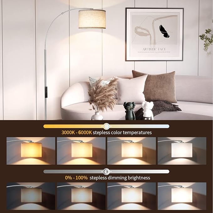 SUNMORY Arc Floor Lamp with Remote,Modern Floor Lamp with Stepless Dimmable Bulb,75″Height Tall Lamp for Living Room with Hanging Drum Shade and Weighted Base.Mid Century Standing Lamp for Bedroom. - LeafyLoom