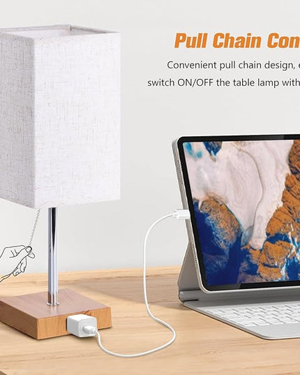 Bedside Table Lamp for Bedroom Nightstand, 3 Color Nightstand Lamps Set of 2 with AC Outlets, Square Pull Chain Bedside Lamp for Living Room, Office Desk, LED Bulb Included - LeafyLoom