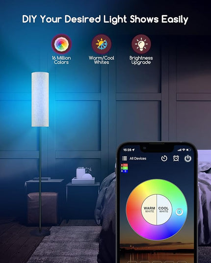 RGB Smart LED Floor Lamps for Living Room, Compatible with Alexa, Google Home, 69" Tall Modern Standing Lamp for Bedroom with Remote & WiFi APP Control, 2700k-6500k Corner Lamp with Linen Lampshade - LeafyLoom