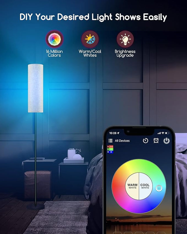 RGB Smart LED Floor Lamps for Living Room, Compatible with Alexa, Google Home, 69" Tall Modern Standing Lamp for Bedroom with Remote & WiFi APP Control, 2700k-6500k Corner Lamp with Linen Lampshade - LeafyLoom